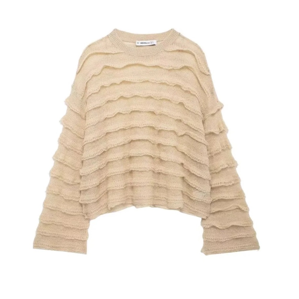 ZARA Alpaca Blend Flounce Tiered Ruffle Tan Bell Sleeves Sweater
